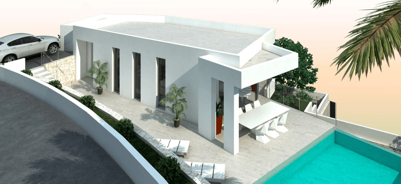 Moderne designervilla med panoramaudsigt over dalen